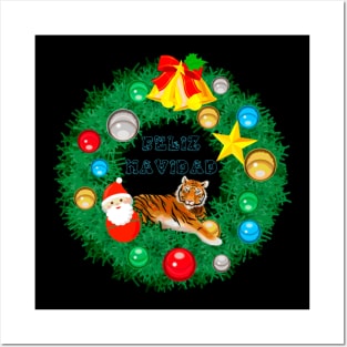 Tigre Deseando Feliz Navidad - Tiger Wishes Merry Christmas Posters and Art